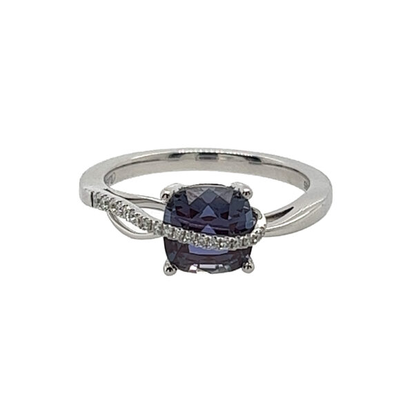 R815: White Gold, Natural Diamond, Lab Created Alexandrite Ring