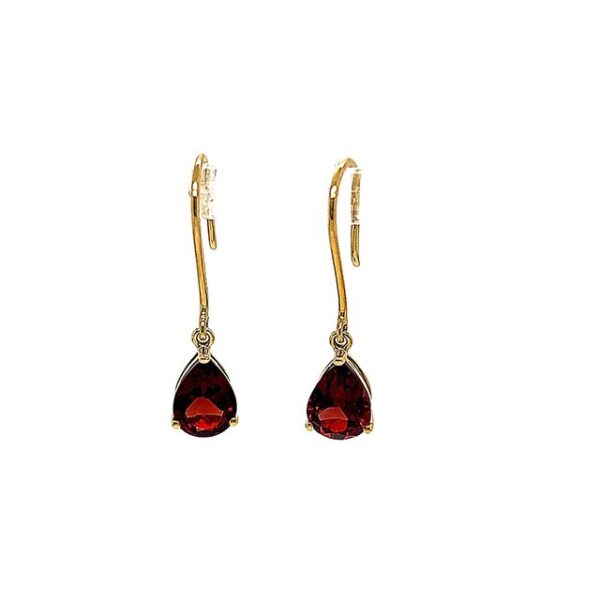 E1199: 14k Yellow Gold Pear Shape Garnet Dangle Pierced Earrings